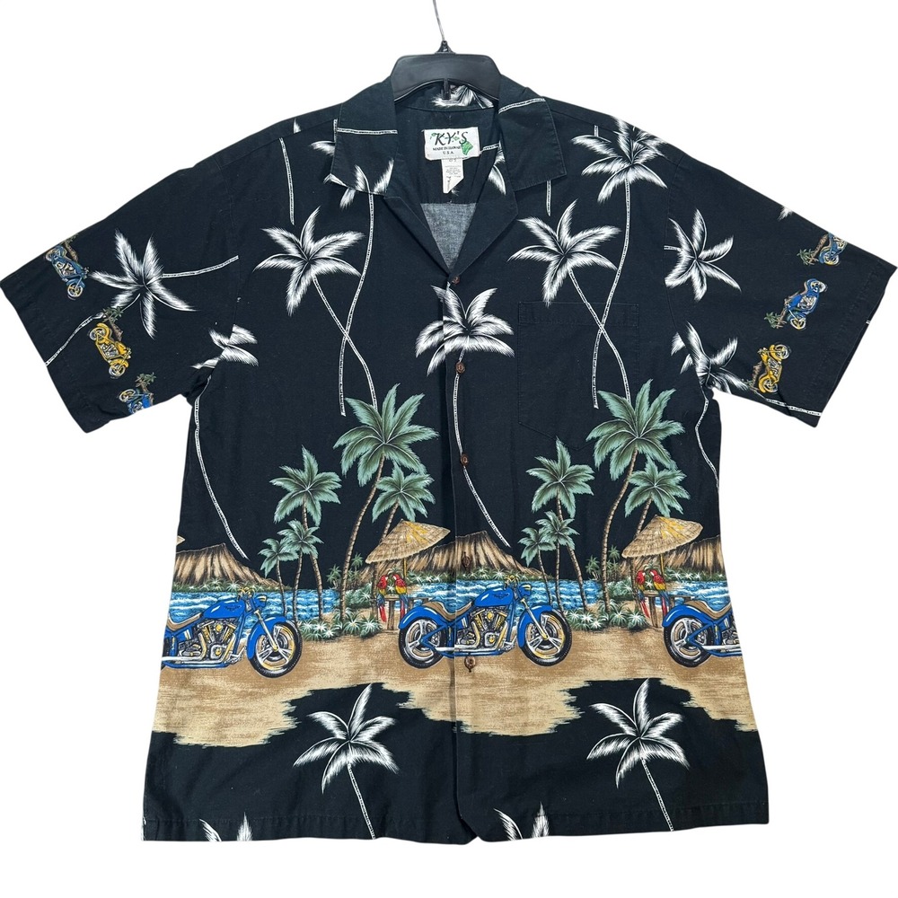 VTG‎ KY'S Hawaiian Mens XL Black Cotton Motorcycle Palm Tree Beach Made in USA